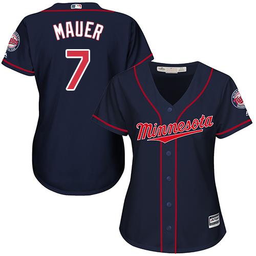 Twins #7 Joe Mauer Navy Blue Alternate Women's Stitched MLB Jersey - Click Image to Close